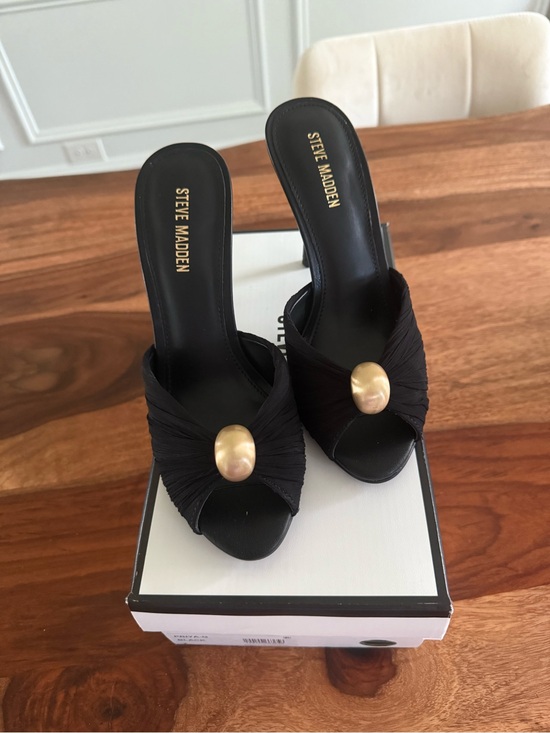 Steve Madden Shoes - Steve Madden Black Satin Open-Toe Heels with Gold Accent PRIYA womens size 7